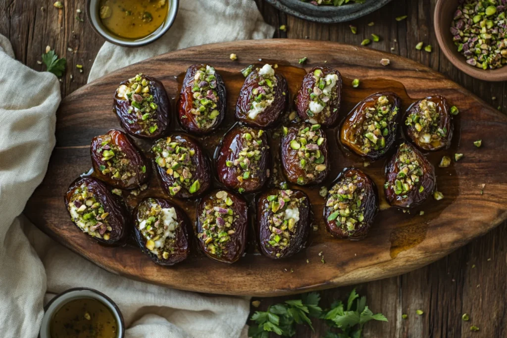 Overhead view of stuffed Medjool dates filled with goat cheese, topped with pistachios, and drizzled with honey on a wooden board.