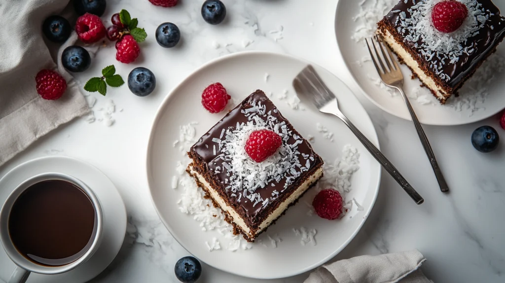 Slices of kefir sheet cake recipe topped with chocolate glaze and coconut, served with fresh berries and coffee.