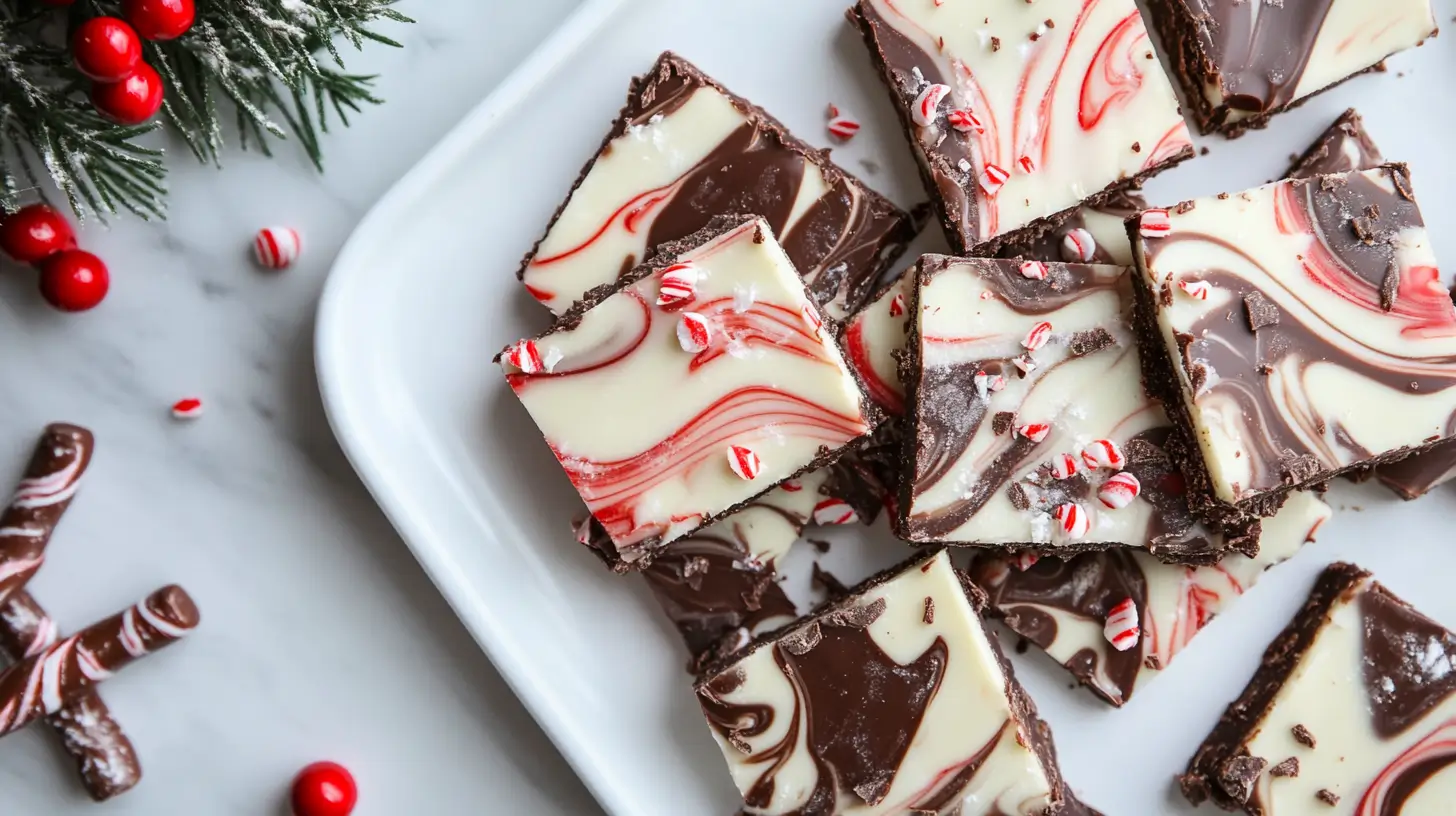 Overhead view of dark chocolate being poured into a lined tray with bowls of candy canes and protein powder nearby.