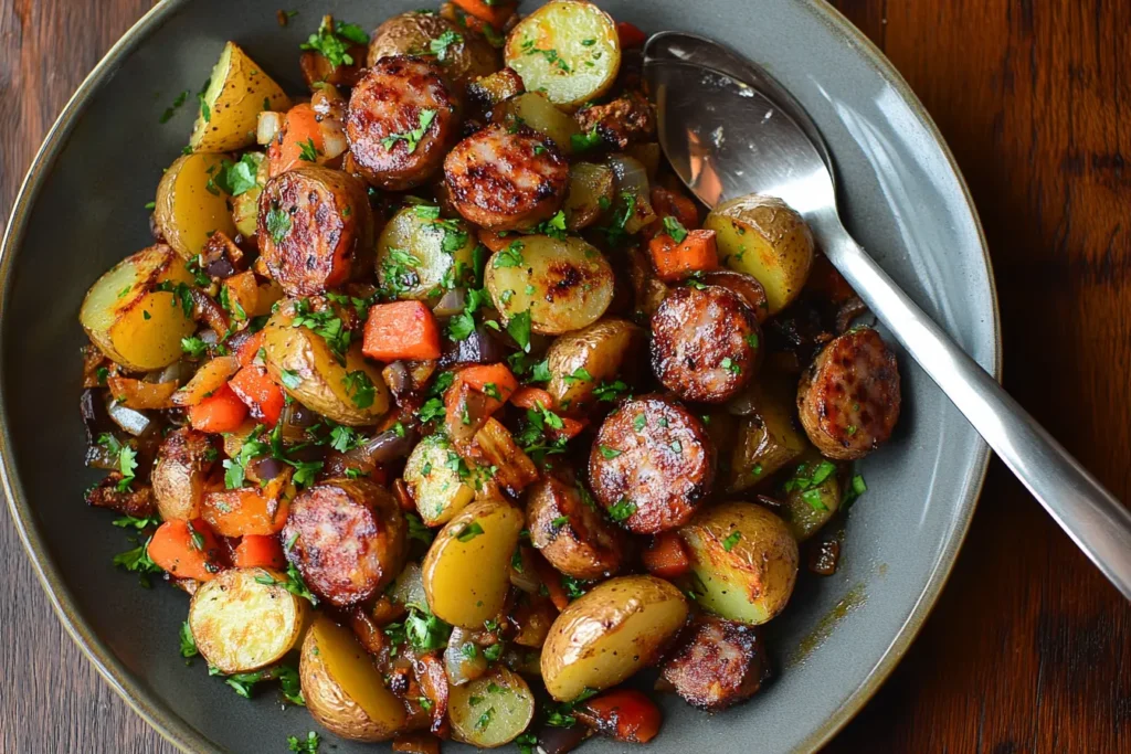 Close-up of Blackstone Cowboy Stir-Fry with crispy potatoes, sausage, and vibrant vegetables garnished with parsley