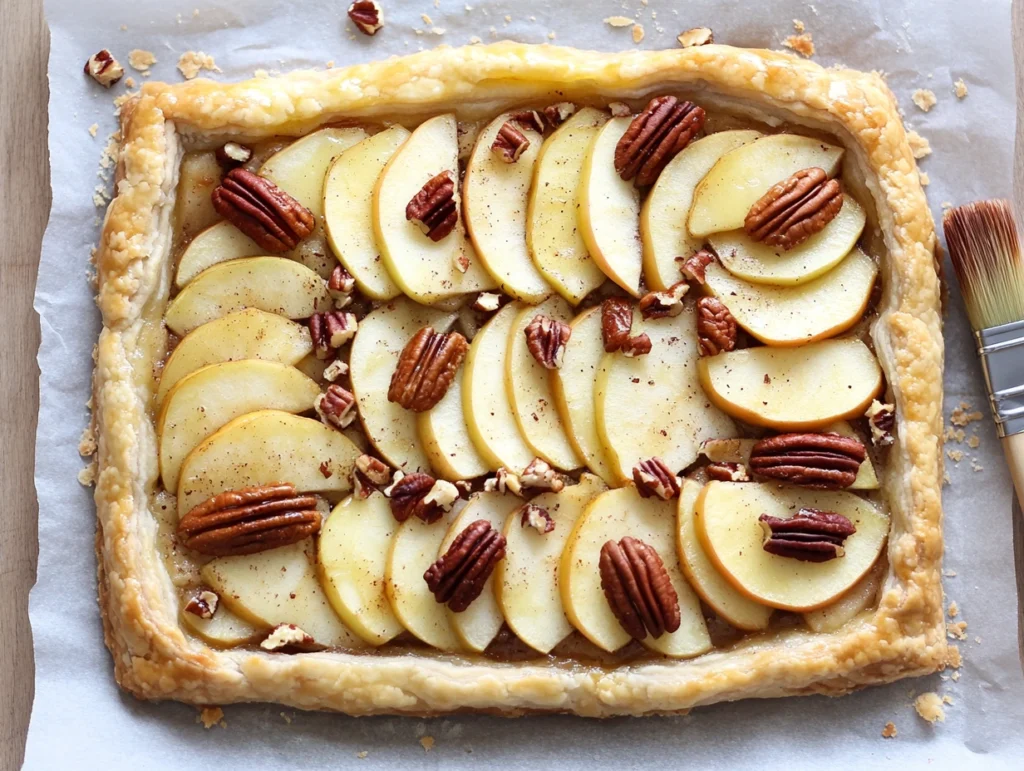 A slice of apple and pecan danish pastry tart with vanilla glaze, paired with vanilla ice cream and a cinnamon stick.