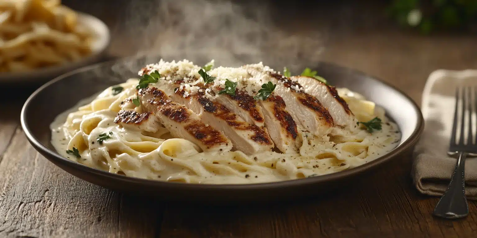 justalittlebite recipes with creamy fettuccine pasta, grilled chicken, and Parmesan garnished with parsley