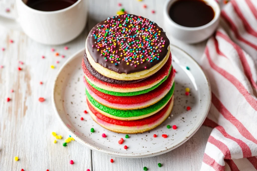 Rainbow cookies with red, green, and plain almond layers, raspberry jam filling, and a glossy chocolate topping, arranged on a white ceramic plate