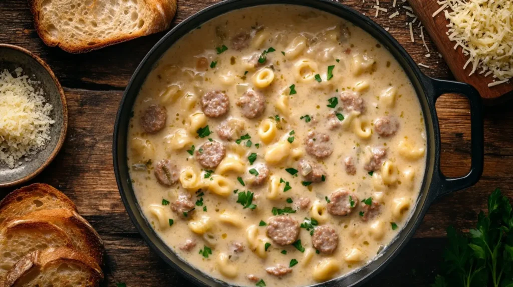 A pot of creamy Parmesan Italian sausage soup with sausage, pasta, and fresh parsley on a rustic wooden table