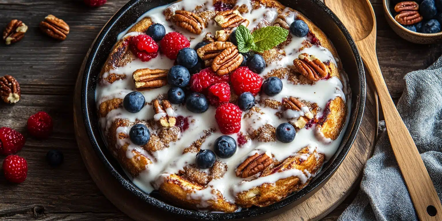 Overhead view of cinnamon roll French toast skillet drizzled with icing, topped with fresh berries and pecans, set on a rustic wooden table