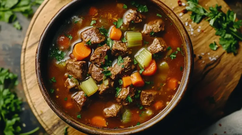 Close-up of a pot of golden beef broth with marrow bones, vegetables, and fresh herbs on a wooden surface.