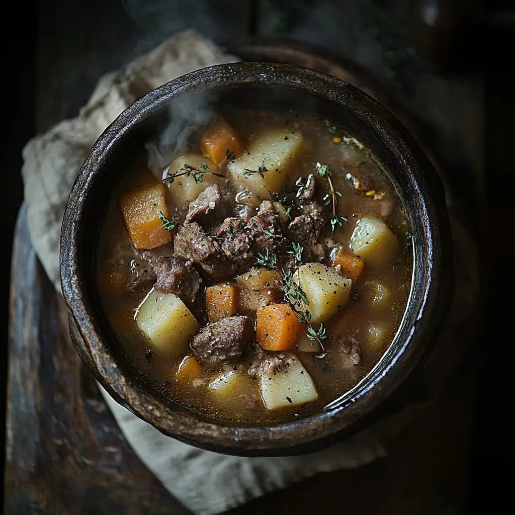 A hearty bowl of beef soup bone vegetable stew, packed with tender meat, potatoes, and carrots, served warm