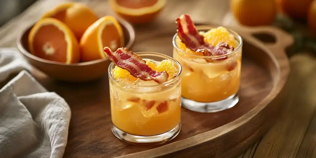 Close-up of a Breakfast Shot on a wooden tray, featuring two shot glasses filled with whiskey-schnapps and orange juice, garnished with crispy bacon.