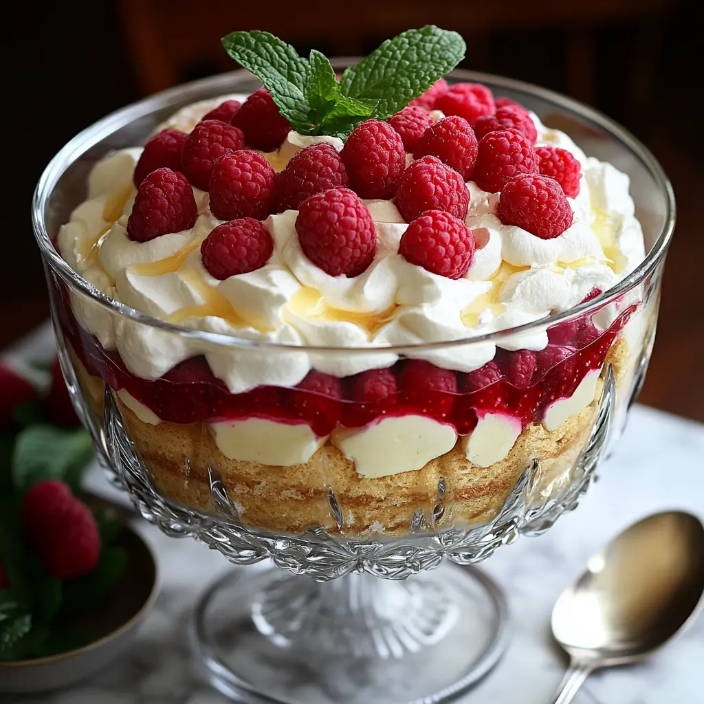 A finished trifle with layers of custard, berries, and whipped cream, topped with raspberries and mint leaves.