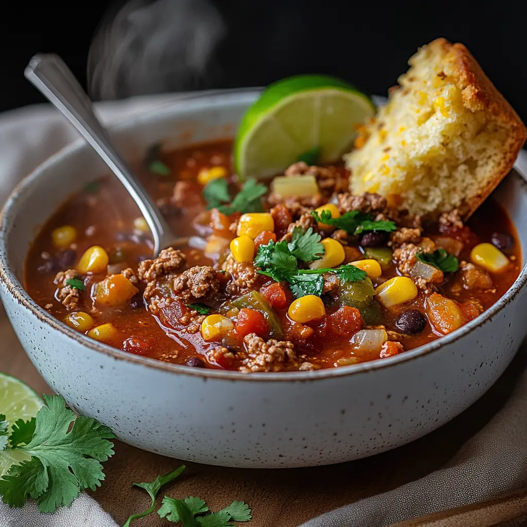 A steaming bowl of taco soup frios served with cornbread muffins, topped with fresh cilantro and lime wedges.