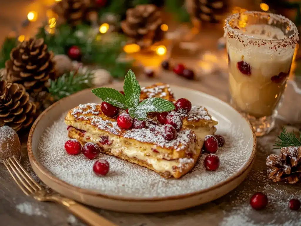 Eggnog French toast garnished with powdered sugar, cranberries, and mint, paired with a festive holiday cocktail.