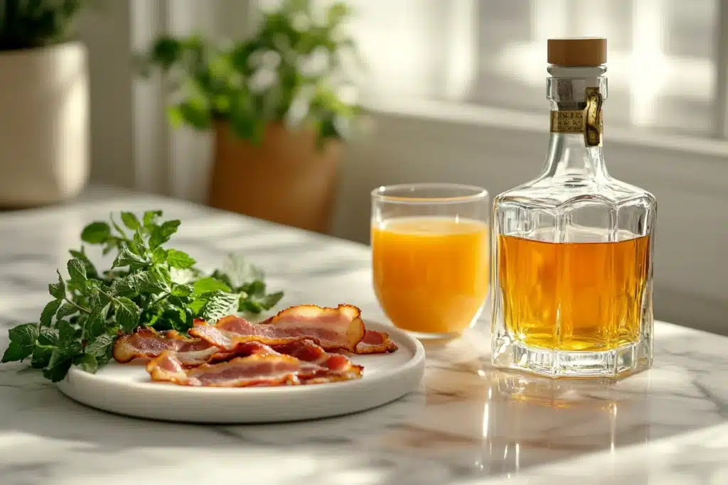 Flat lay of Breakfast Shot ingredients: Irish whiskey, butterscotch schnapps, orange juice, and crispy bacon on a marble countertop.