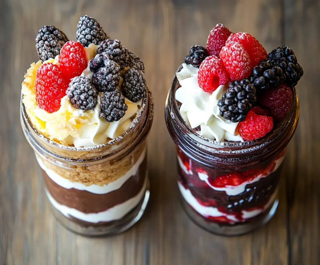 Mini trifles in mason jars, one with chocolate cake and pudding, and another with sponge cake and fresh berries.