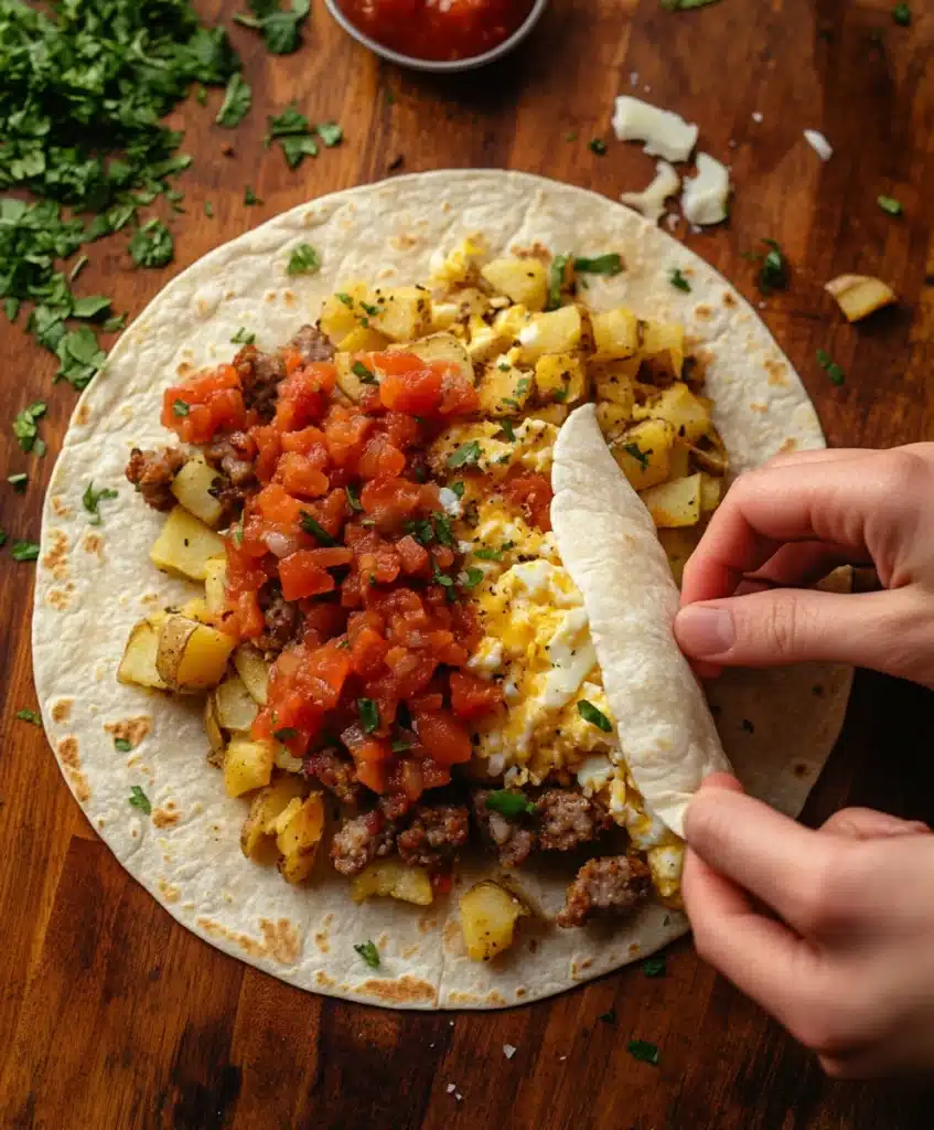 A close-up view of a breakfast burrito being rolled with fresh ingredients like eggs, sausage,