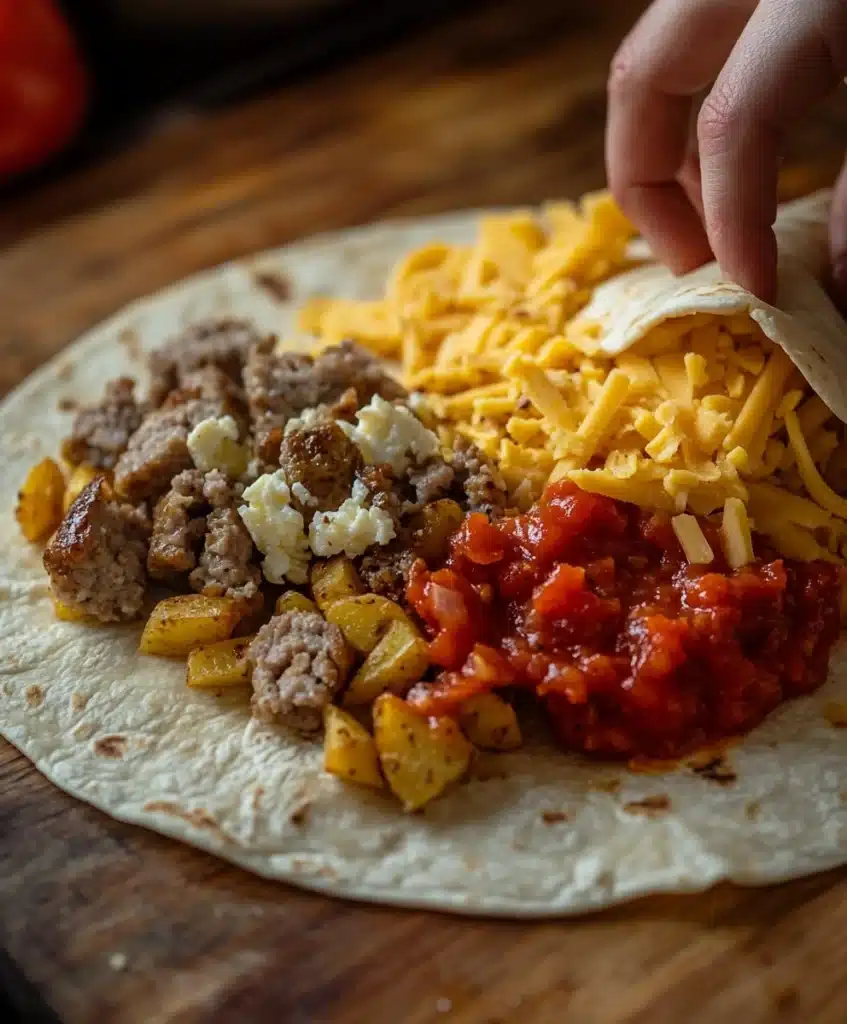 Close-up of hands assembling a breakfast burrito with vibrant layers of eggs, potatoes, sausage, and salsa.