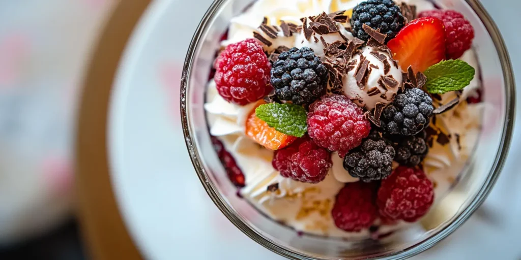 A classic English trifle with layers of cake, custard, berries, and whipped cream in a clear glass bowl.