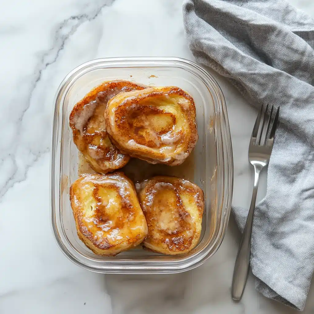 Leftover cinnamon roll French toast stored in a glass container, ready for refrigeration or reheating.