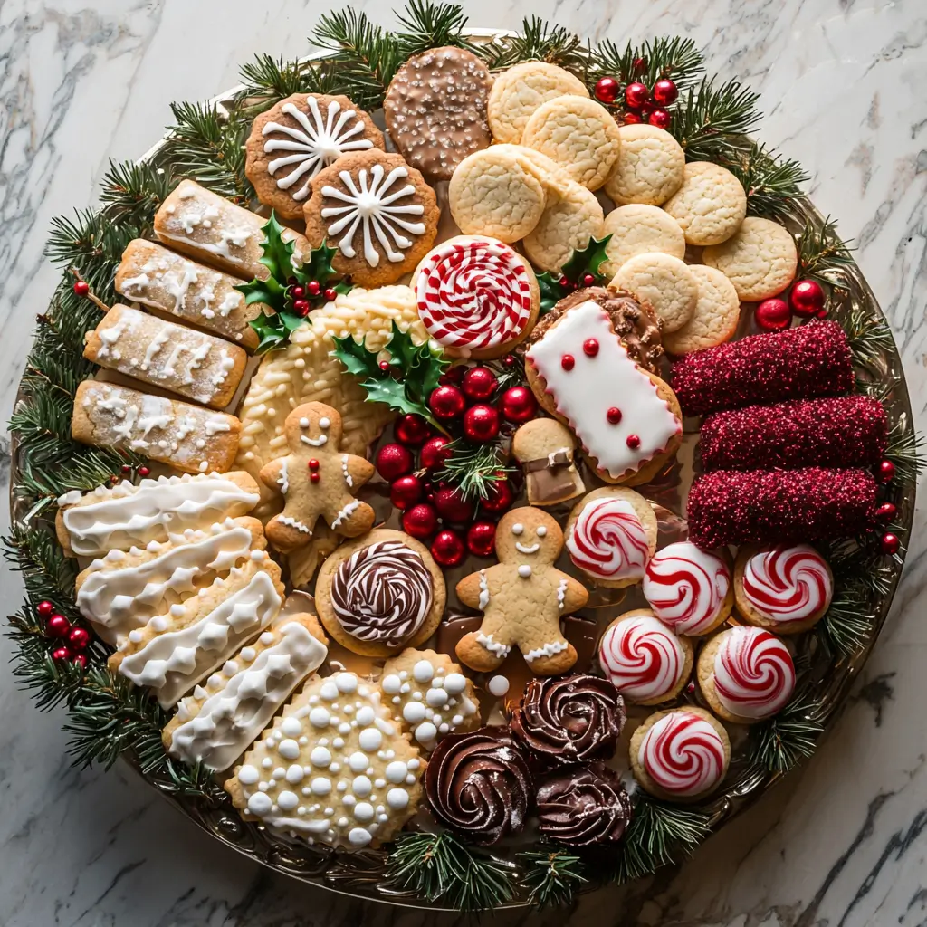 Assorted Christmas cookie platter with decorated sugar cookies, gingerbread men, and holiday treats