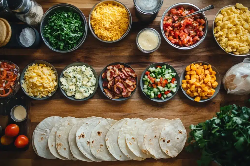 An inviting spread of breakfast burrito ingredients: scrambled eggs, roasted potatoes, bacon, veggies, cheese, and tortillas.