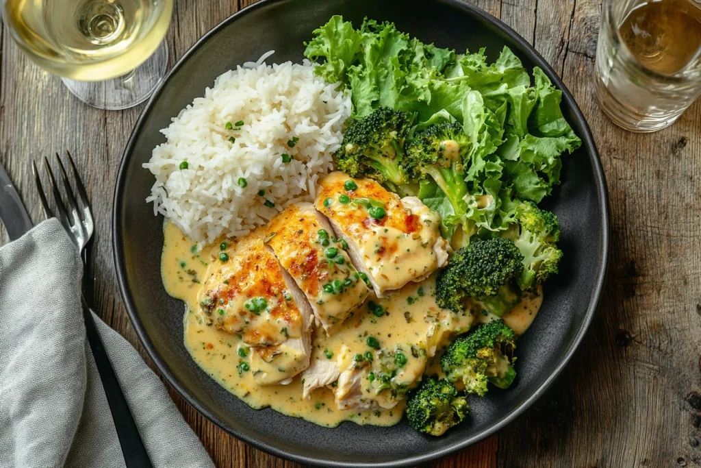 Plated serving of Chicken Divan with creamy sauce, broccoli, and golden topping, paired with rice and a green salad.