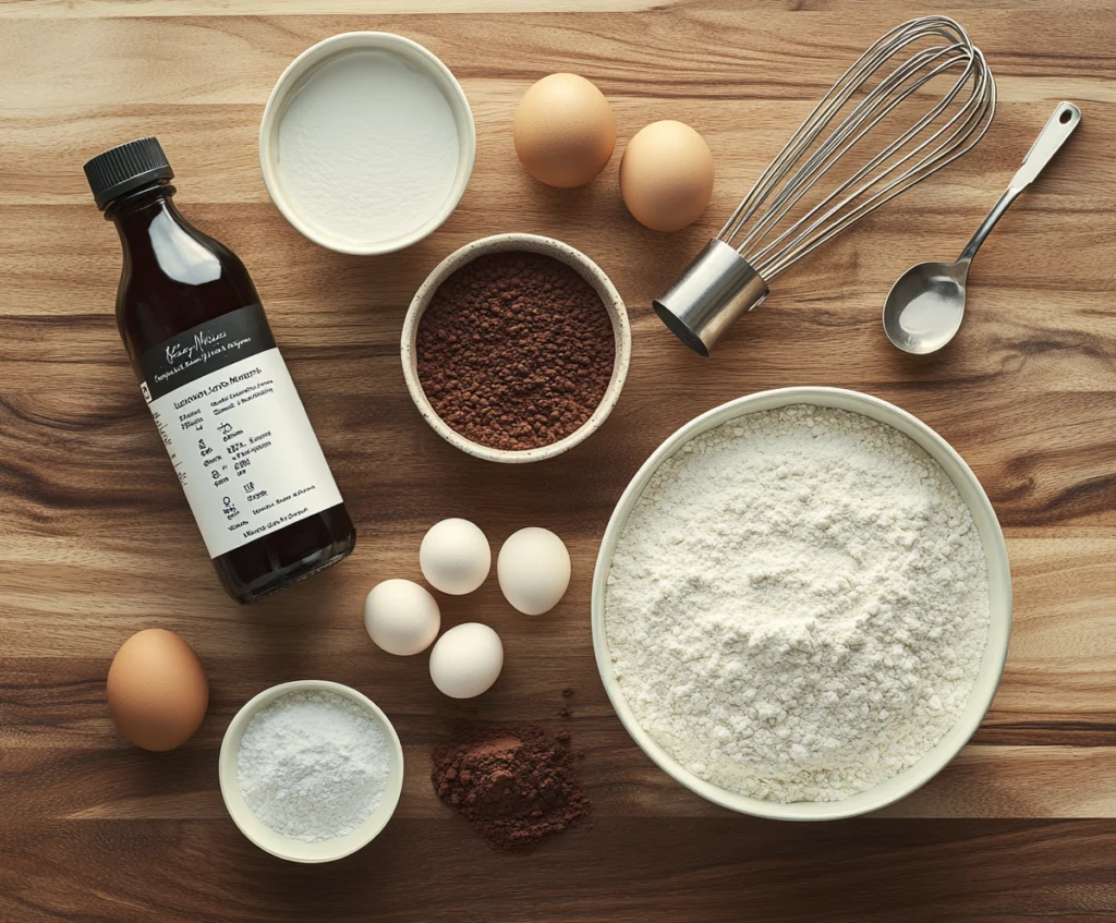 Ingredients for kefir sheet cake including flour, sugar, cocoa powder, eggs, and kefir on a wooden countertop.