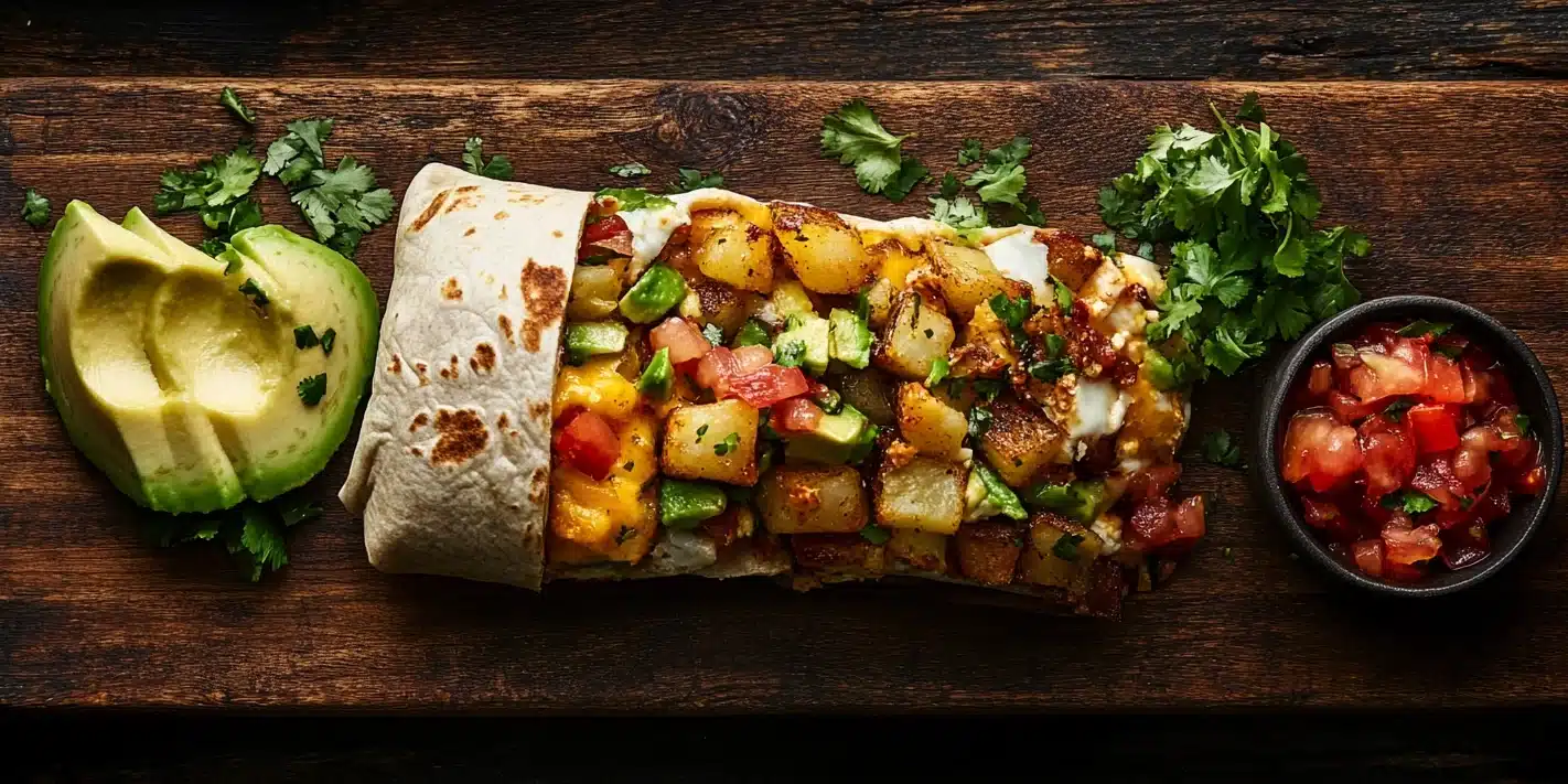 Close-up view of a breakfast burrito sliced in half with vibrant fillings of eggs, cheese, potatoes, and veggies.