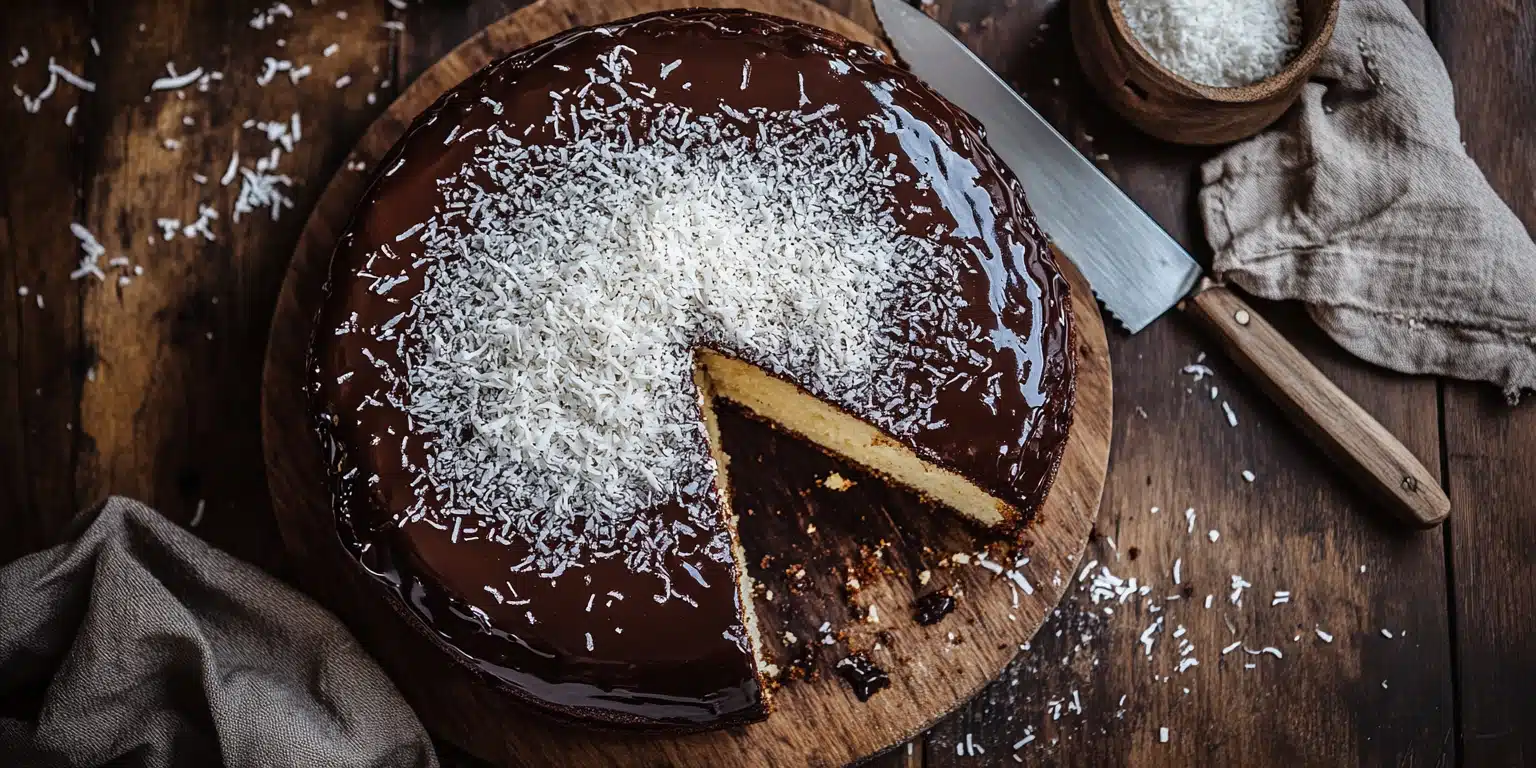 Freshly baked kefir sheet cake topped with chocolate glaze and coconut, sliced on a rustic wooden table
