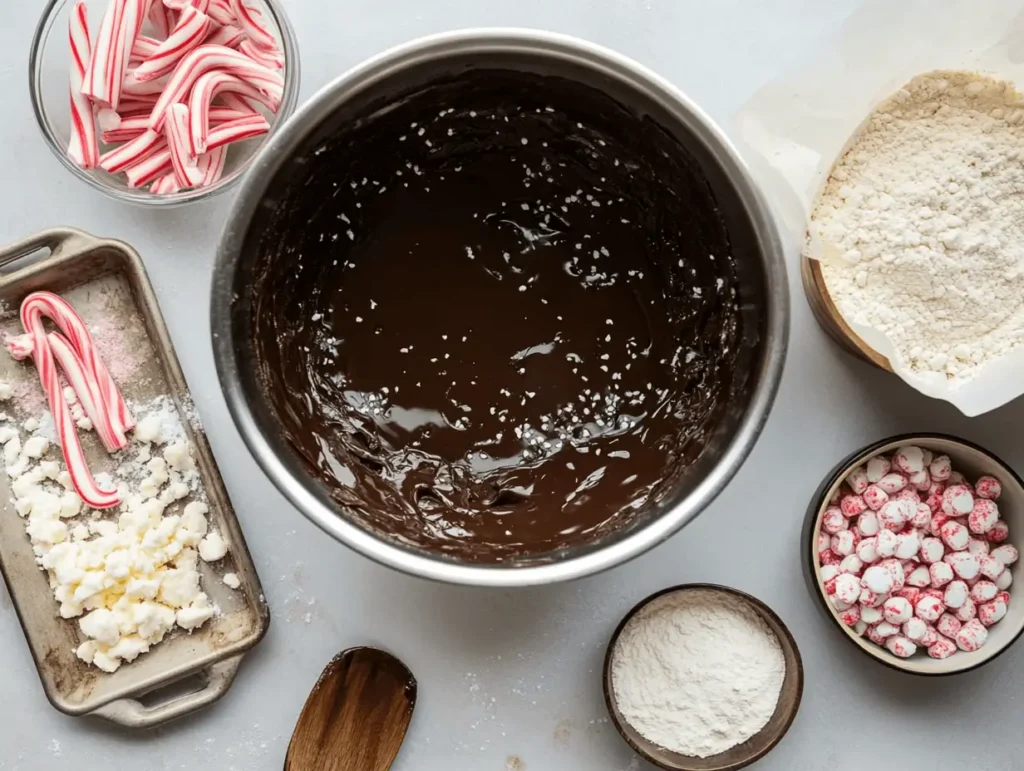 High-protein peppermint bark with creative toppings like pistachios, caramel drizzle, and sea salt on a wooden board