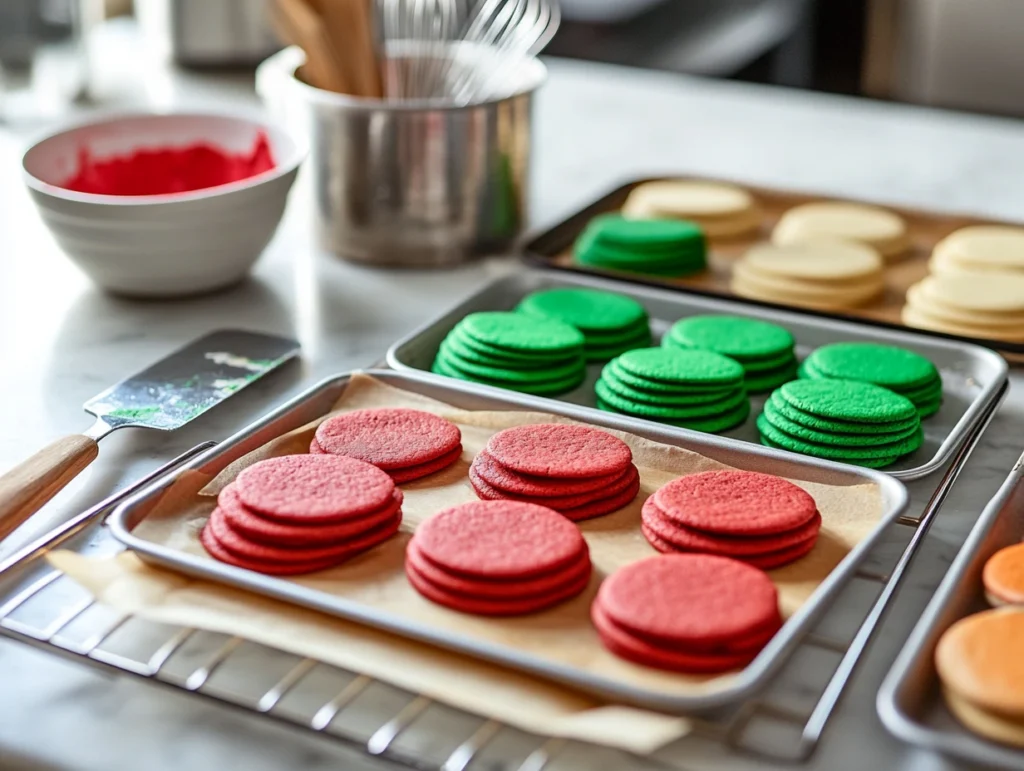 Freshly baked red, green, and plain rainbow cookie layers cooling on a wire rack with a spatula and parchment paper nearby.
