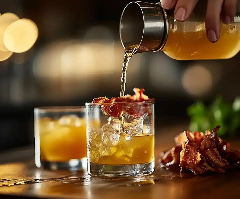 A hand pouring a whiskey-schnapps mix into a shot glass for a Breakfast Shot, with orange juice and bacon garnish nearby.