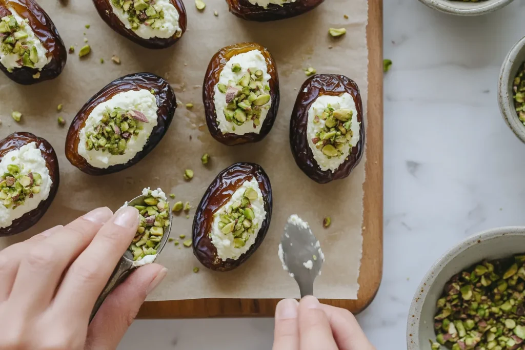 Step-by-step process of preparing stuffed Medjool dates with goat cheese and pistachios on a wooden board.