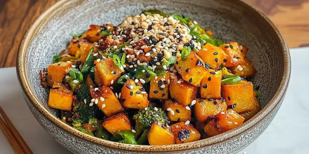 Braised kabocha squash with ginger and garlic in a wok