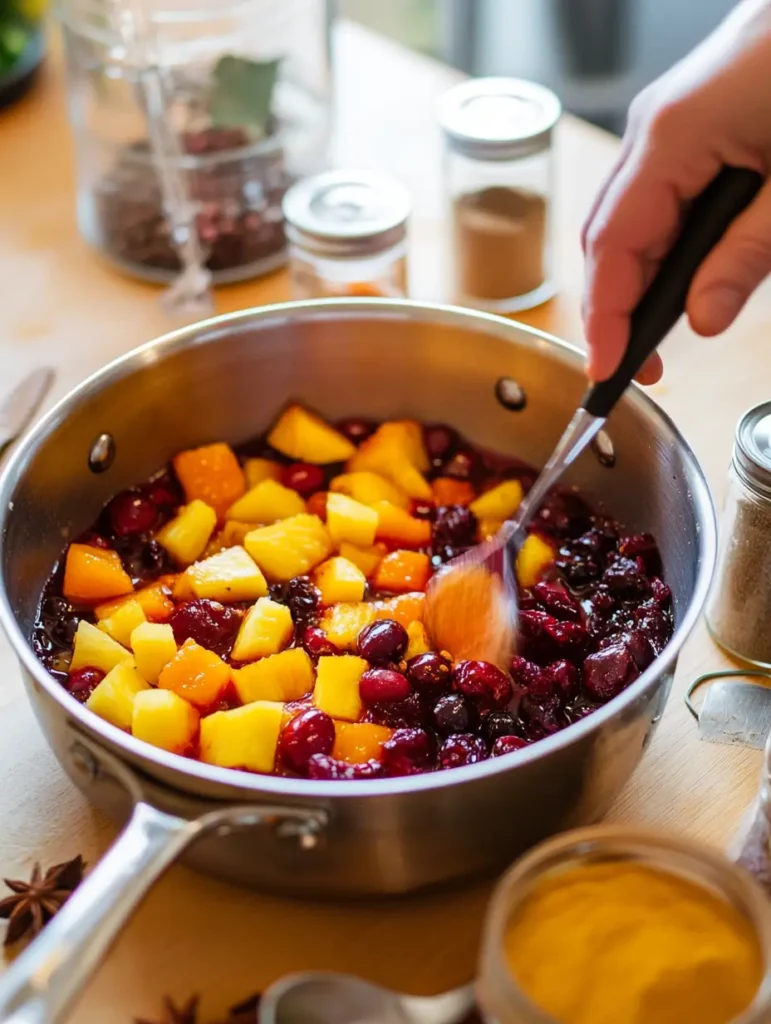 A saucepan of cherry-cranberry sauce being mixed with pineapple chunks, mandarin oranges, and holiday spices for a festive dish.