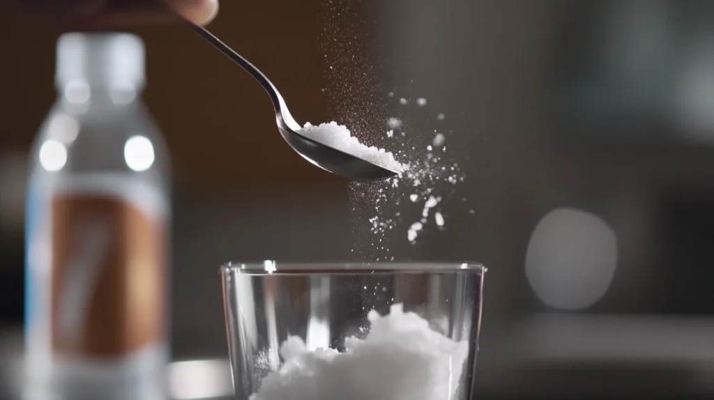 Close-up of sprinkling sea salt into an adrenal cocktail mixture, with cream of tartar and coconut water in the background.