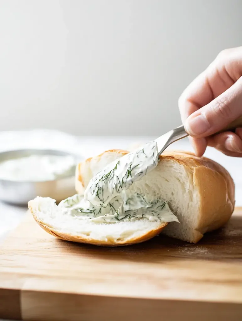 Spreading creamy dill sauce on the bottom half of a sliced Kaiser roll.