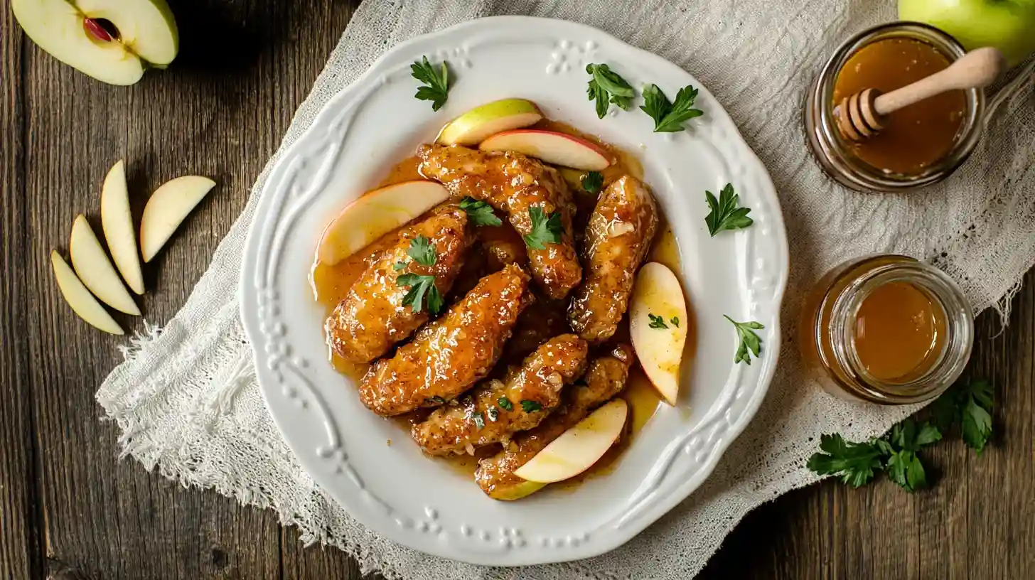 Golden chicken tenders glazed with apple and honey, garnished with fresh apple slices and parsley for a perfect dinner.