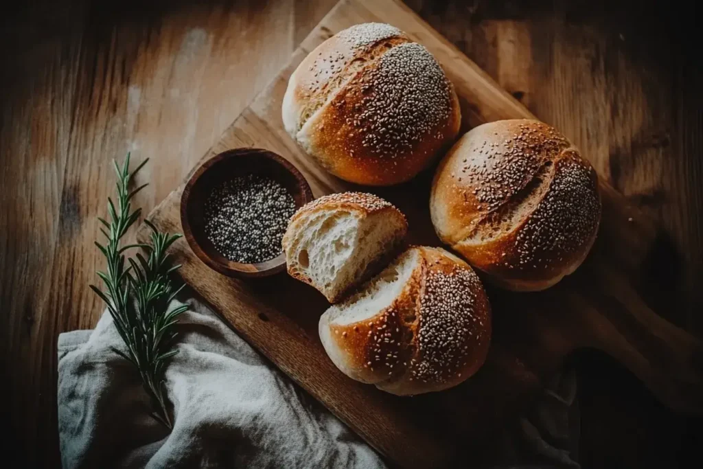 Freshly baked Kaiser rolls with golden-brown crust and soft interior, arranged on a wooden board with sesame seeds nearby.