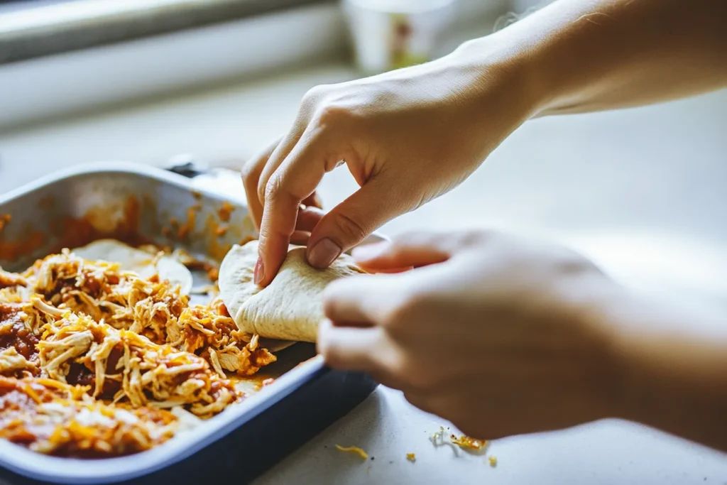 Hands assembling Boulder’s enchiladas with chicken, cheese, and enchilada sauce.