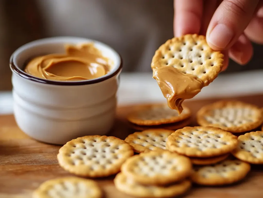 A Cheez-It peanut butter sandwich being dipped into melted chocolate, with finished snacks on a tray nearby