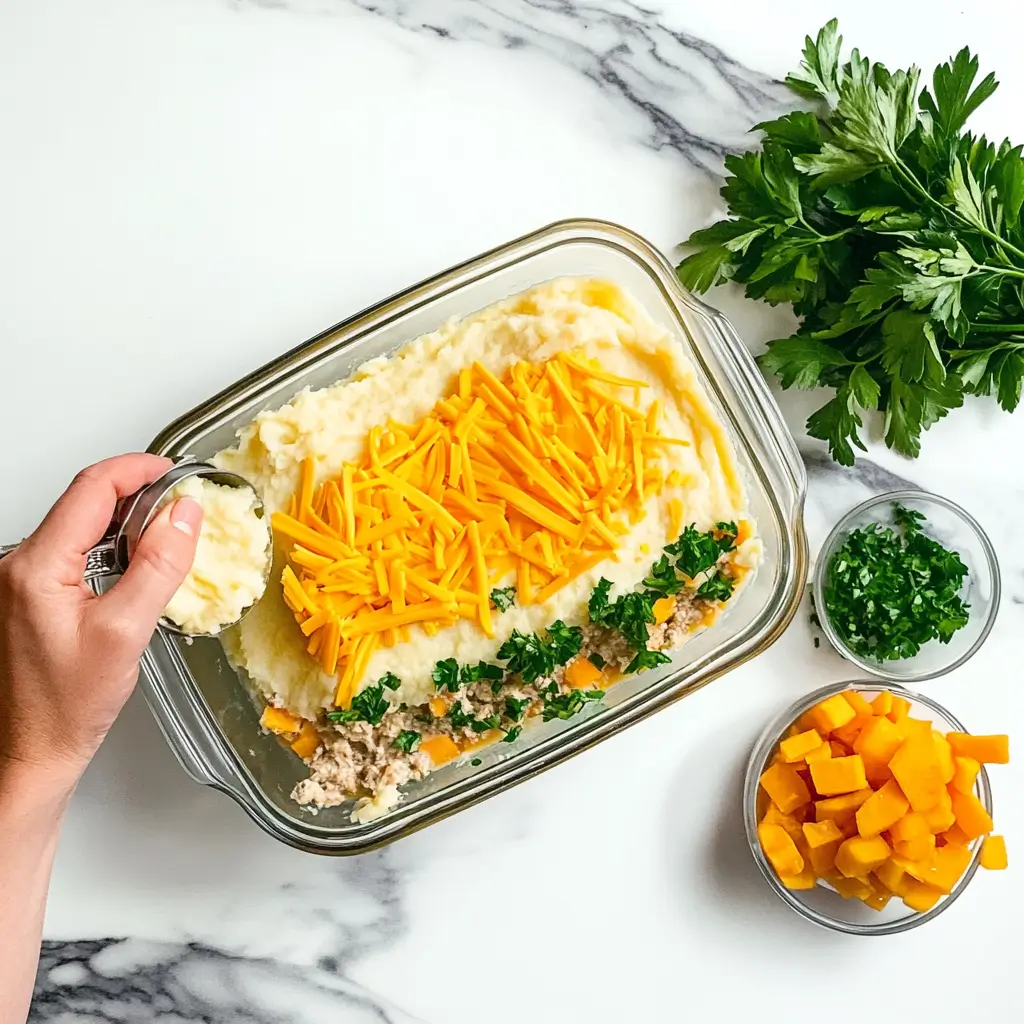 Glass dish with mashed potatoes, filling, and cheese layered for a casserole, ready for baking