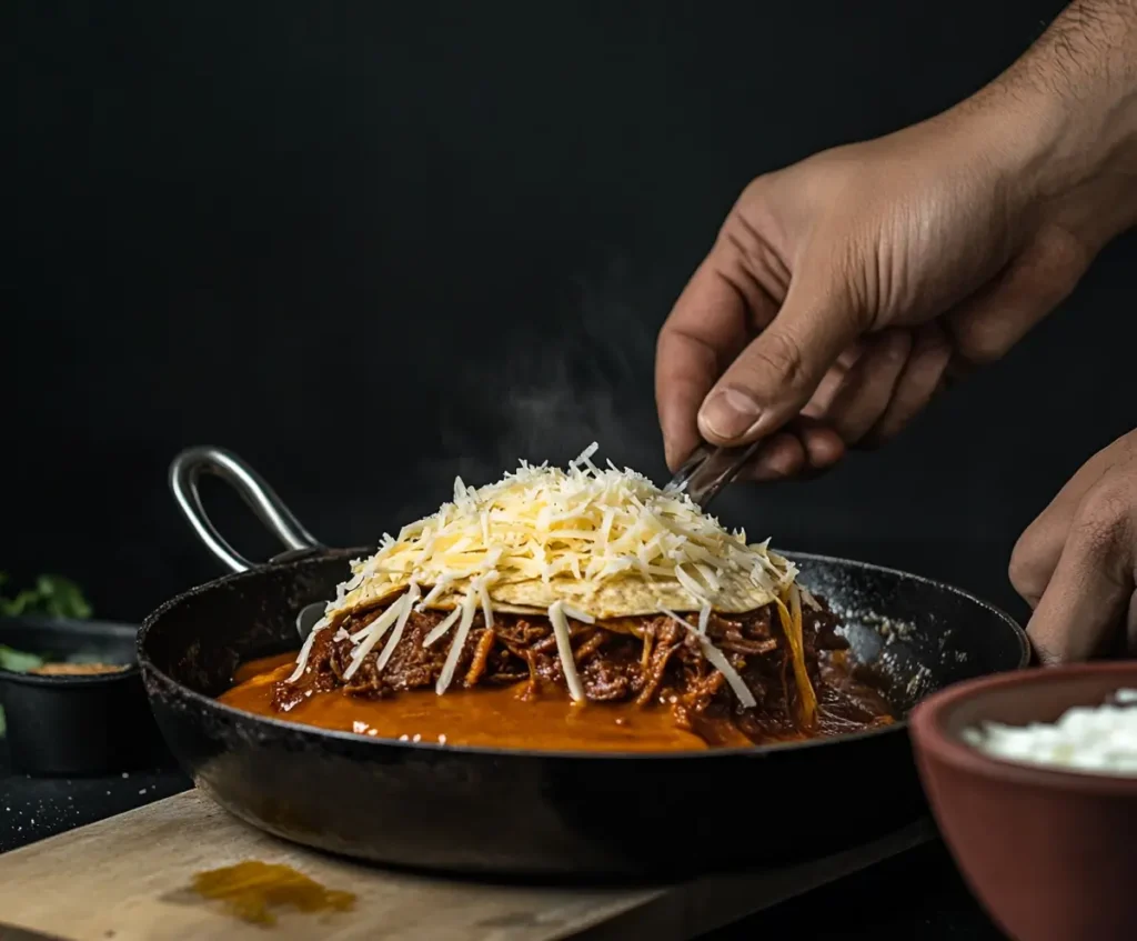 Step-by-step image of layering shredded birria meat and Oaxaca cheese onto tortillas dipped in consomé for quesabirria tacos