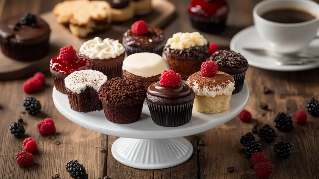 Assorted mini cakes including chocolate and vanilla on a wooden cake stand with coffee and berries.