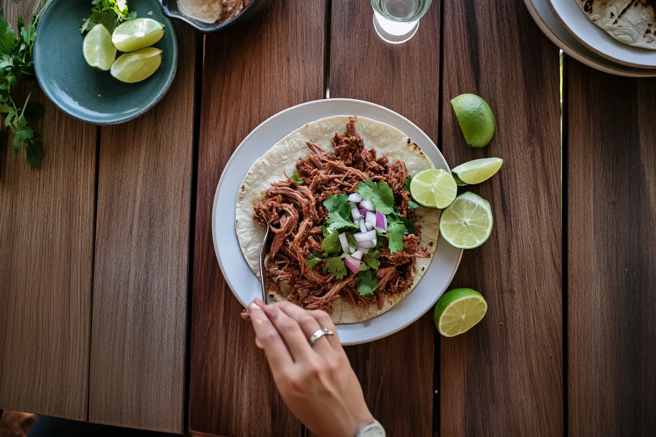 Traditional carne deshebrada served with corn tortillas and lime wedges on a rustic table.