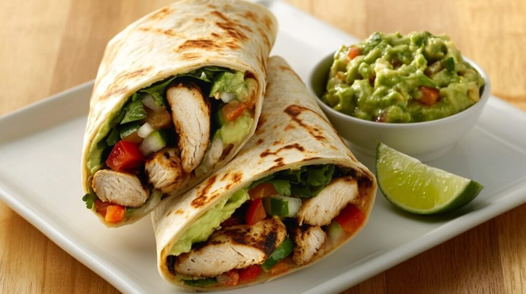 Fresh avocado chicken wrap on a white plate with guacamole and lime wedge, perfect for a healthy meal.