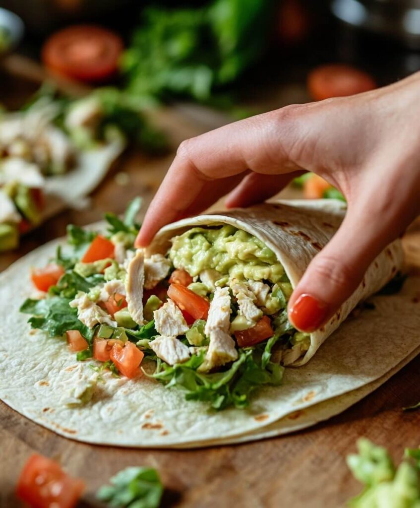 Step-by-step process of assembling an avocado chicken wrap with fresh ingredients on a tortilla.