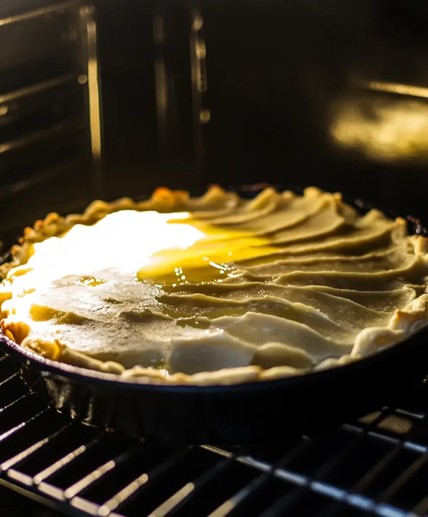 Potato pie baking in a preheated cast-iron dish with olive oil drizzled on top, creating a crispy crust.