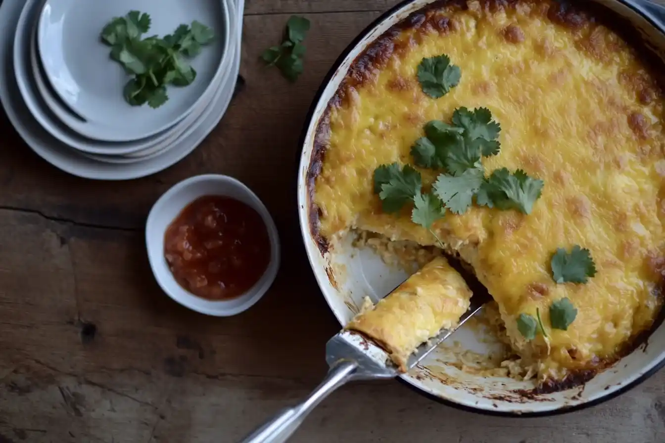 Close-up of freshly baked Boulder’s enchiladas with melted cheese and cilantro.