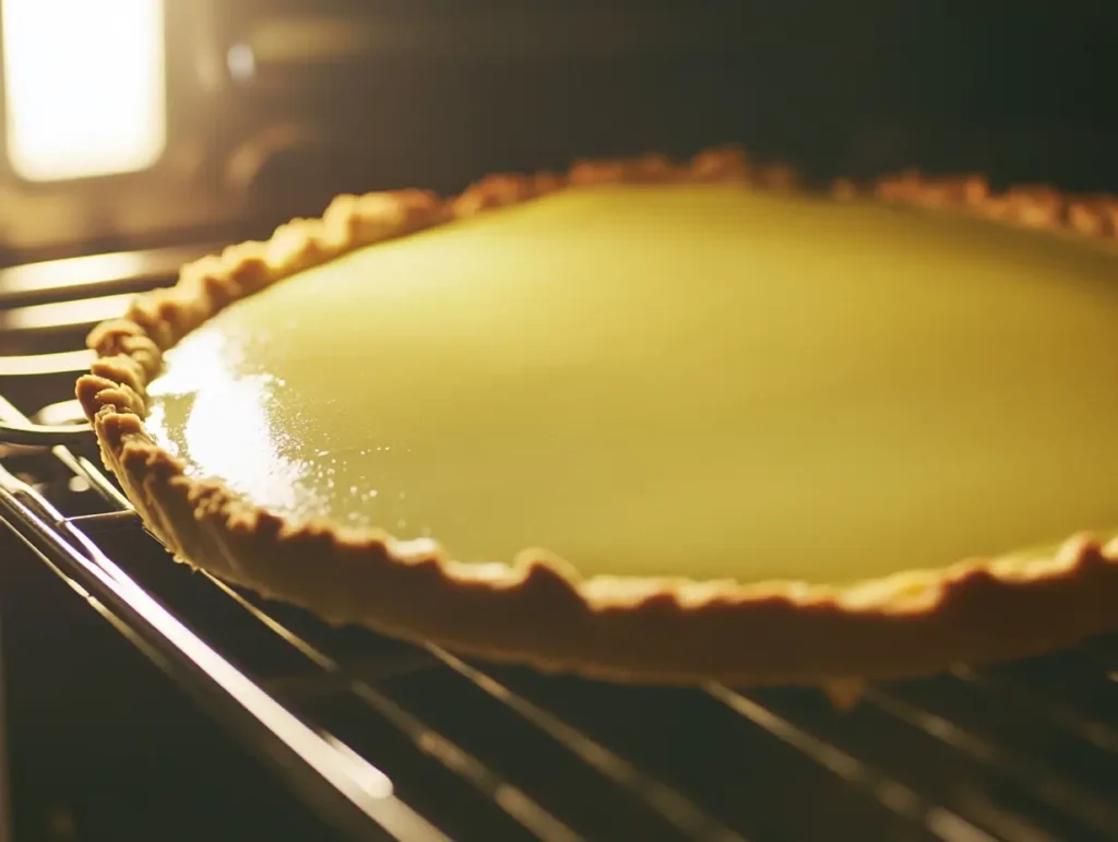 Side view of a key lime pie baking in the oven, showing a golden crust and creamy filling setting under warm oven light