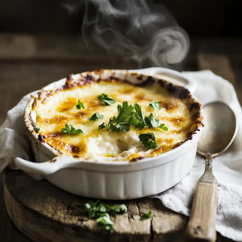 Baked casserole with golden cheese topping and parsley, steaming fresh from the oven.