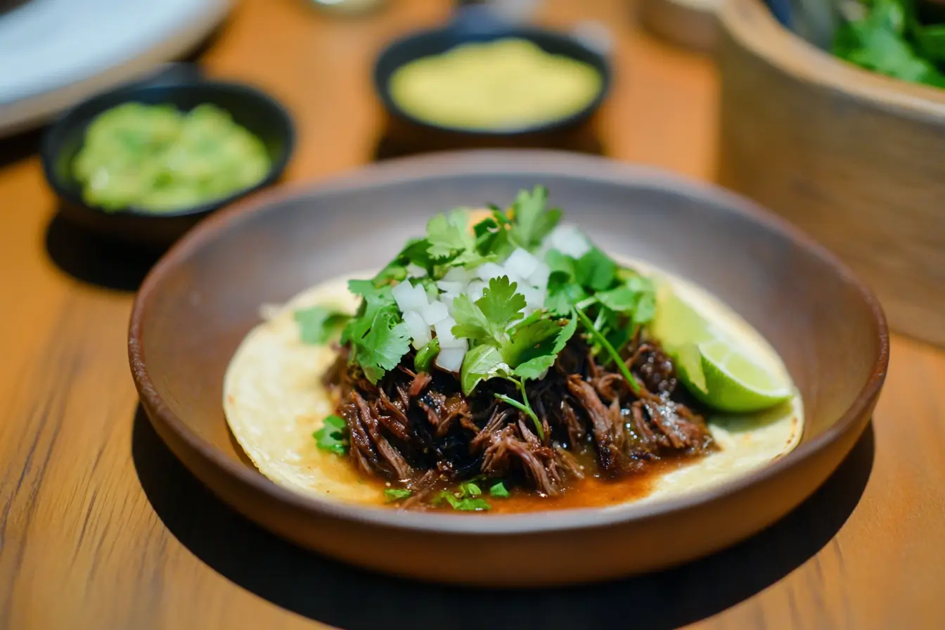 Barbacoa tacos made with tender beef cheek meat, topped with fresh cilantro, onions, and lime